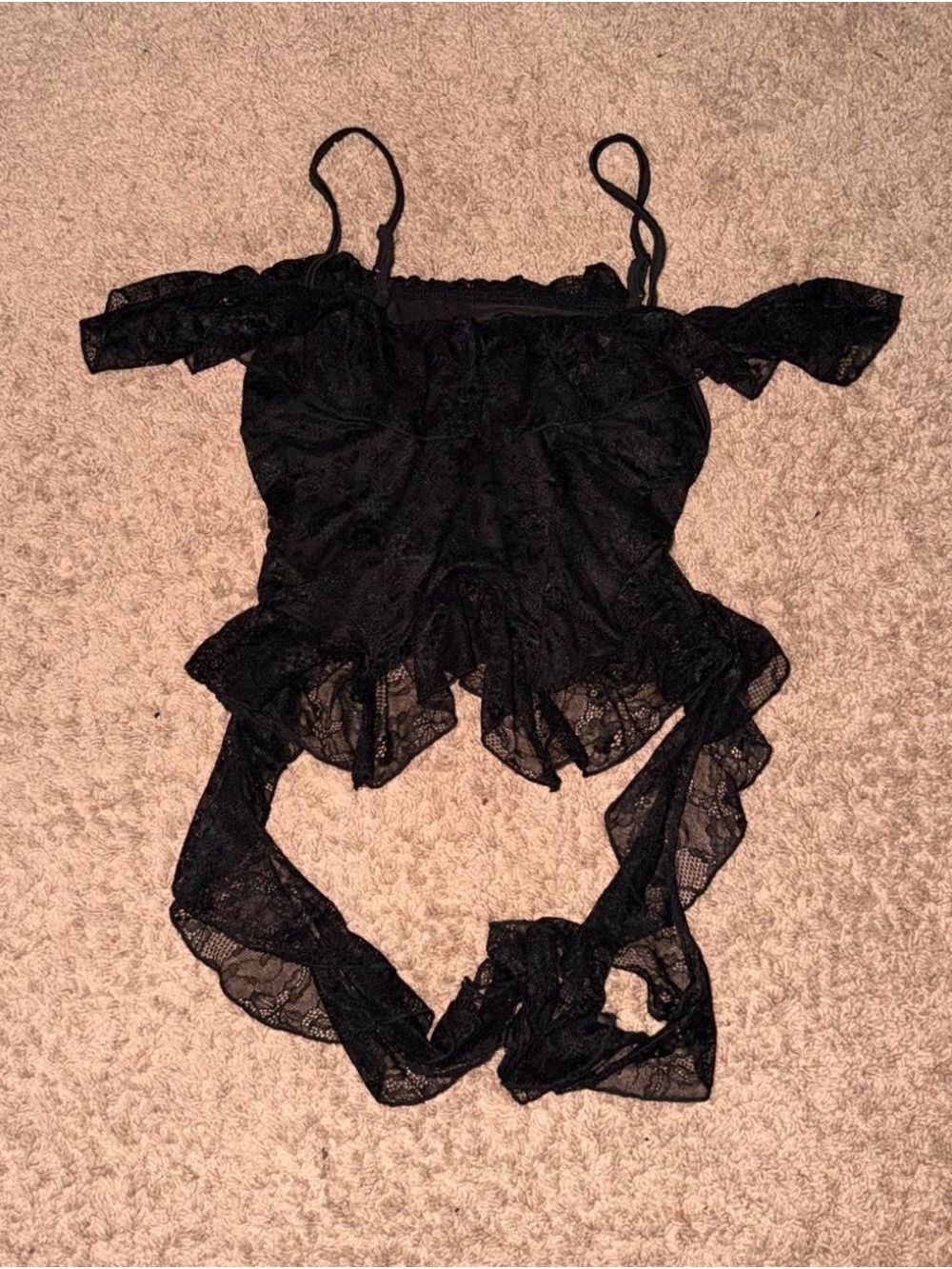 SHEIN Black Lace Off-Shoulder Camisole with Ruffle Hem
